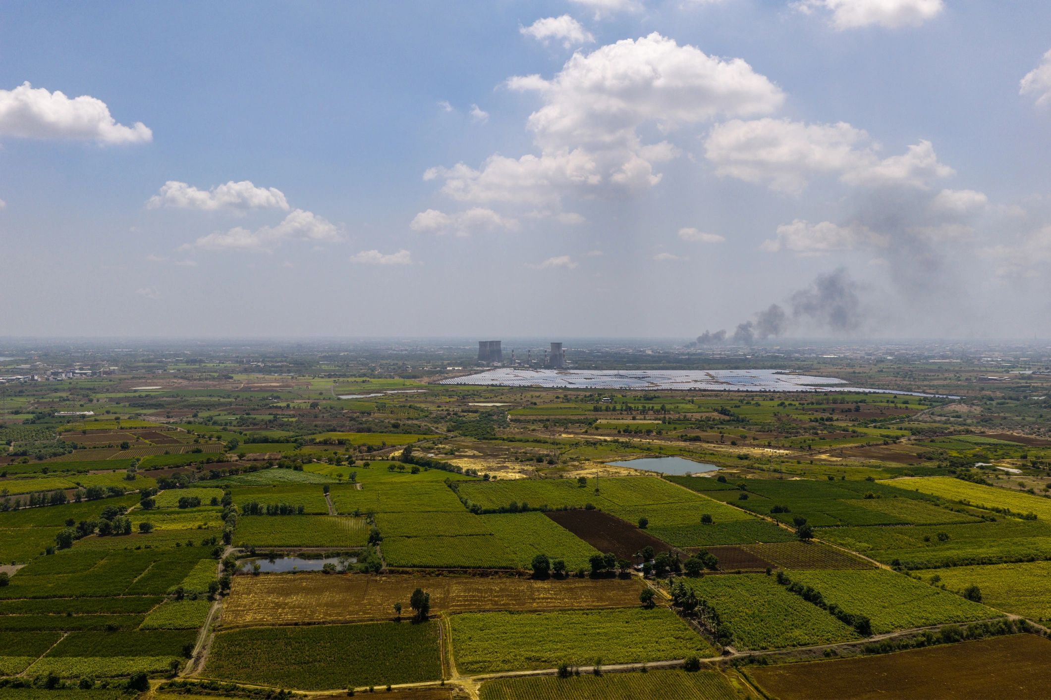 Aerial view of a solar farm in rural India