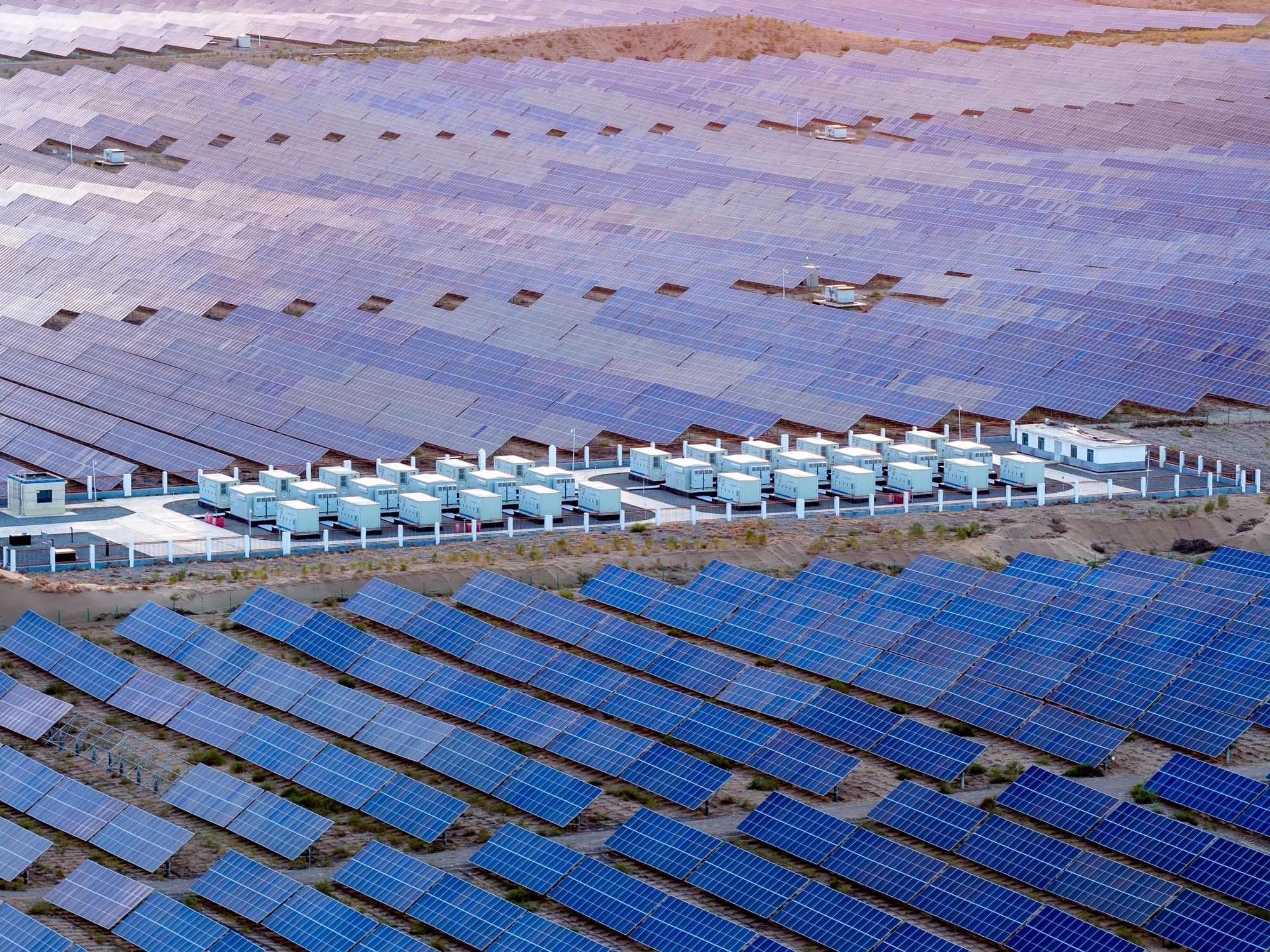 Aerial view of solar panel arrays